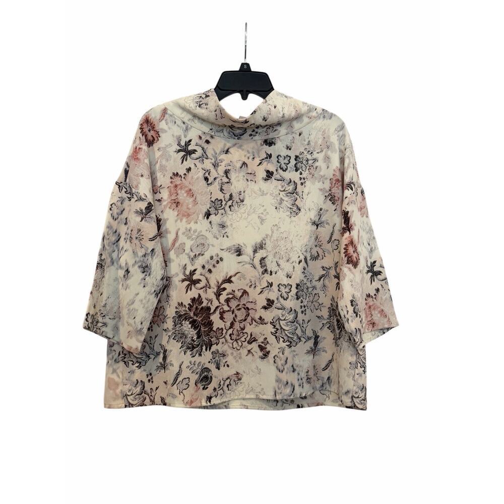 Chico's Draped Neck Boxy Floral Watercolor Blouse Size 1 Spring 3/4 Sleeves